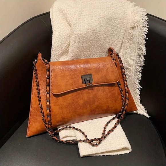 Handbags - Vintage PU Leather Textured Metal Chain Bag - Brown